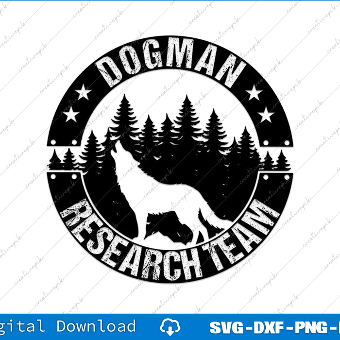 Circular logo with a wolf howling at the moon, surrounded by trees, and the text 'Dogman Research Team' on a white background.