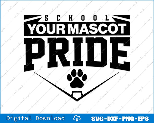 Design template for 'School Pride' with customizable mascot text and paw print on a white background.