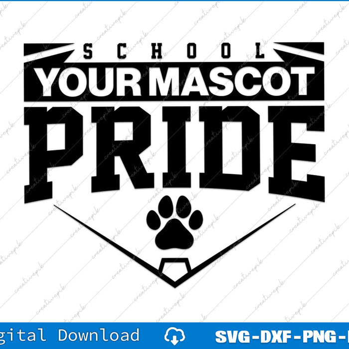 Design template for 'School Pride' with customizable mascot text and paw print on a white background.