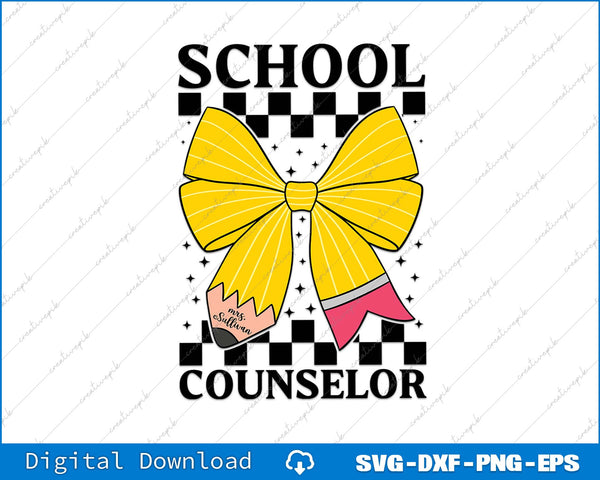 Design of a yellow bow with pink accents and 'School Counselor' text on a checkered background.