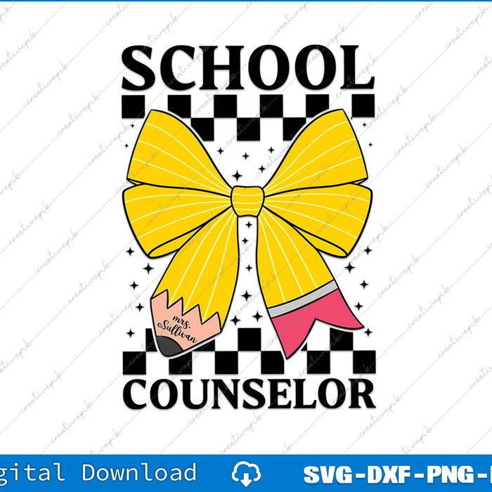 Design of a yellow bow with pink accents and 'School Counselor' text on a checkered background.