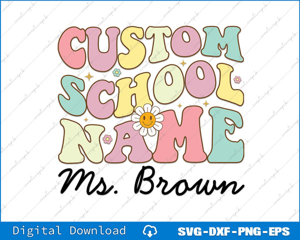 Custom school name design with colorful text and a flower graphic on a white background.