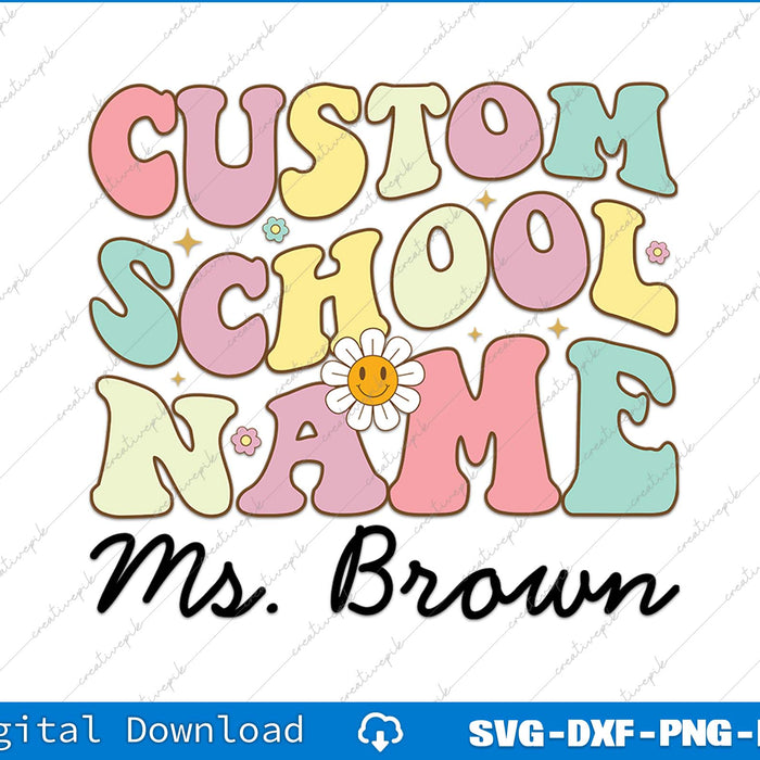 Custom school name design with colorful text and a flower graphic on a white background.