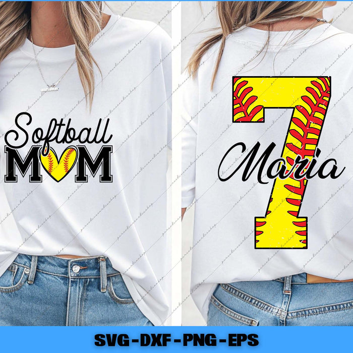 White t-shirt with 'Softball Mom' and number '7' design on a white background