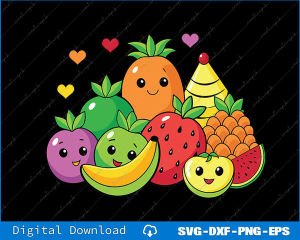 Cartoon fruits with smiling faces on a black background