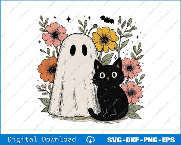 Illustration of a black cat sitting next to a ghost with flowers and leaves on a white background.