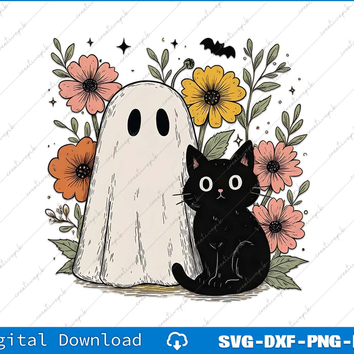 Illustration of a black cat sitting next to a ghost with flowers and leaves on a white background.