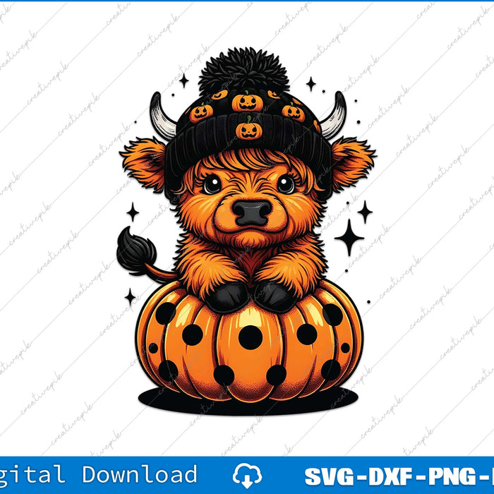 Illustration of a cow in a Halloween-themed hat on a pumpkin with a white background.