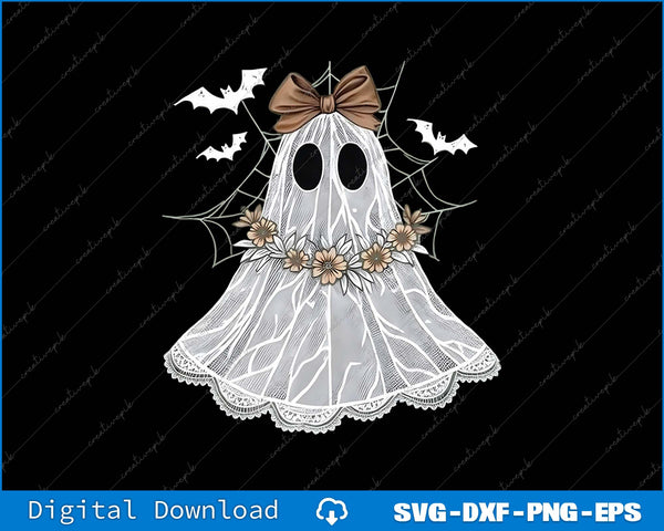 Decorative ghost with a bow, flowers, and bats on a black background
