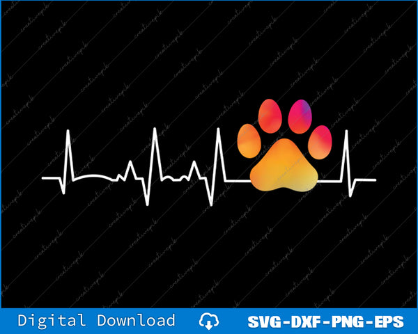 Heartbeat line with a colorful paw print on a black background