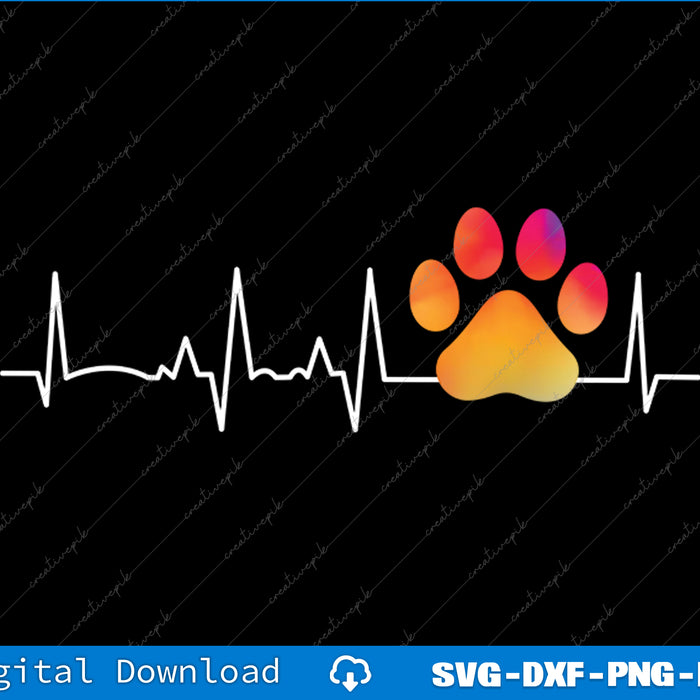 Heartbeat line with a colorful paw print on a black background