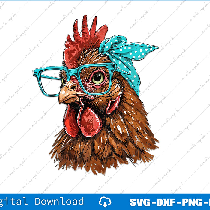 Cartoon rooster with glasses and a bandana on a white background