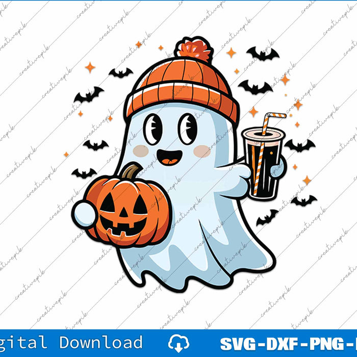 Cute halloween ghost holding a pumpkin SVG PNG Cutting Printable File