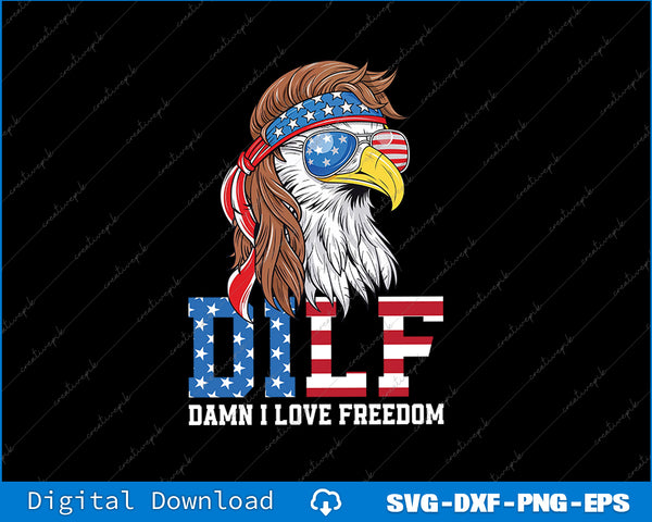 Eagle with American flag headband and 'Damn I Love Freedom' text on a black background