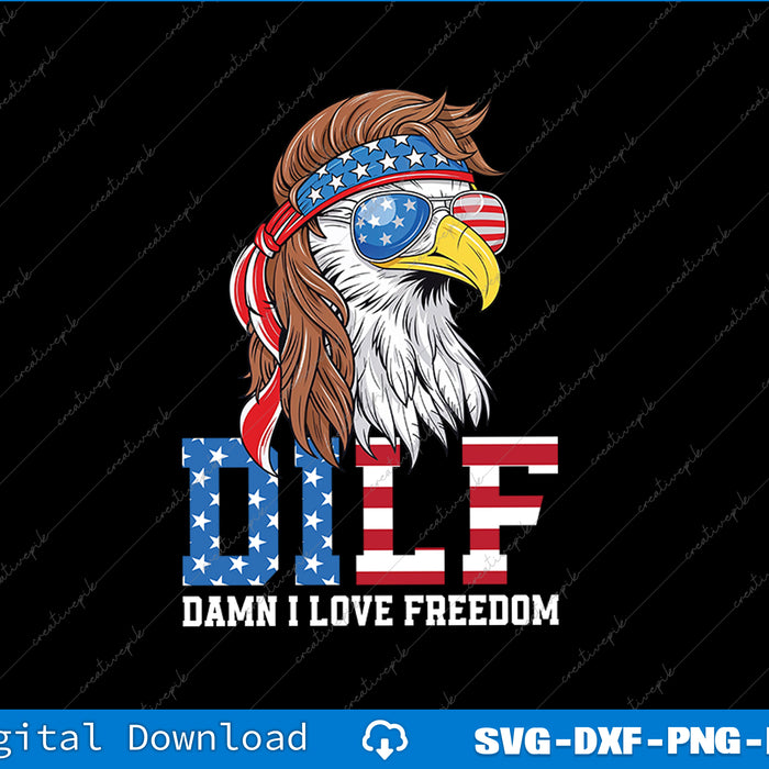Eagle with American flag headband and 'Damn I Love Freedom' text on a black background