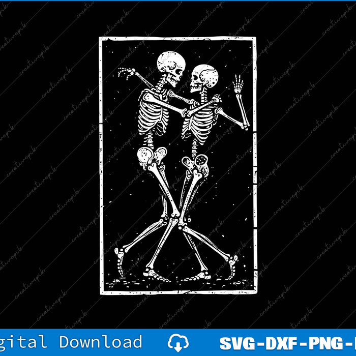 Two skeletons dancing in a rectangular frame on a black background with digital download text at the bottom.