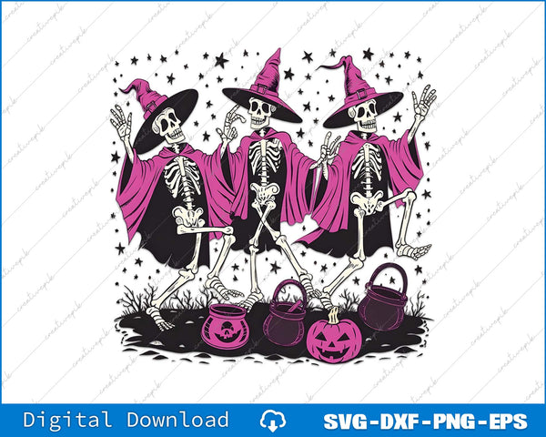 Three skeletons in witch hats and pink cloaks with black and white star pattern