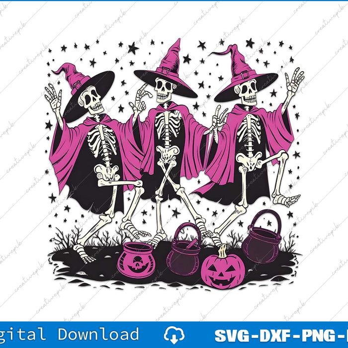 Three skeletons in witch hats and pink cloaks with black and white star pattern