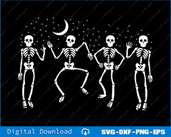 Four dancing skeletons with a crescent moon on a black background, suitable for digital download.
