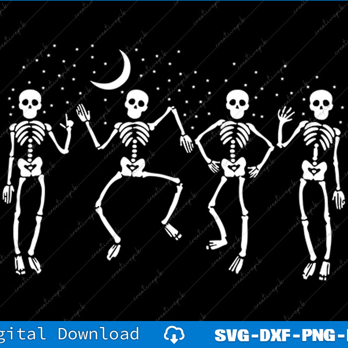 Four dancing skeletons with a crescent moon on a black background, suitable for digital download.