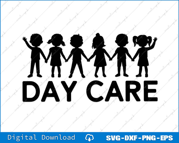 Silhouette of children holding hands with 'DAY CARE' text on a white background