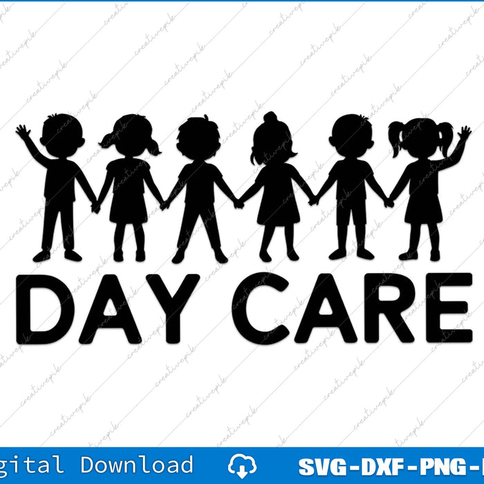 Silhouette of children holding hands with 'DAY CARE' text on a white background