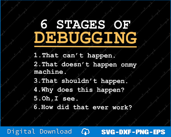 Six stages of debugging text on a black background with a blue border.