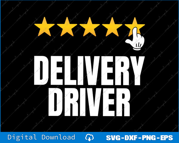 Five-star rating with a hand pointing to 'Delivery Driver' on a black background
