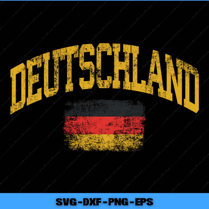 Text 'DEUTSCHLAND' with a German flag design on a black background, featuring SVG, DXF, PNG, and EPS file formats.