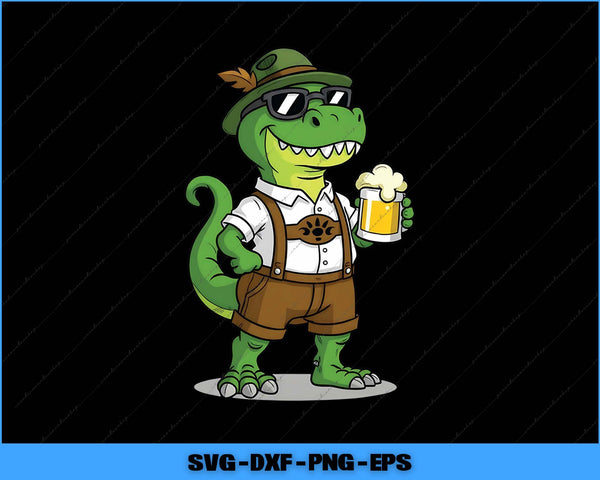 Green dinosaur character wearing sunglasses, a hat, and holding a beer mug on a black background.