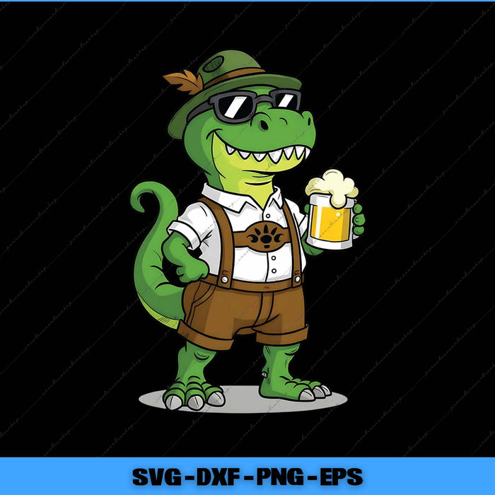 Green dinosaur character wearing sunglasses, a hat, and holding a beer mug on a black background.