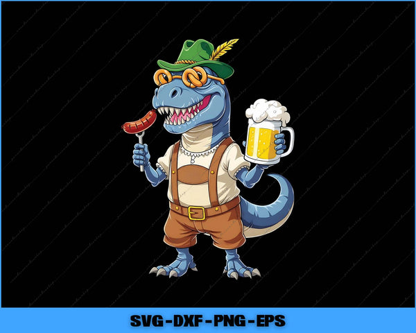 Cartoon dinosaur in lederhosen holding a beer mug and sausage on a black background