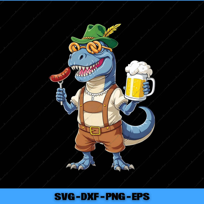 Cartoon dinosaur in lederhosen holding a beer mug and sausage on a black background