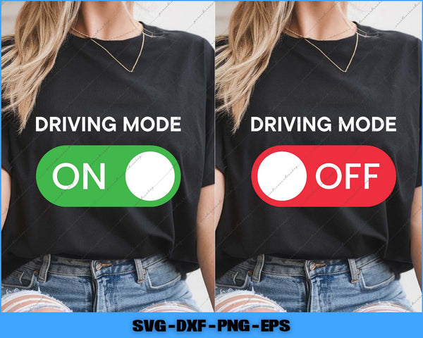 Black t-shirt with 'DRIVING MODE' text and toggle graphics on a white background