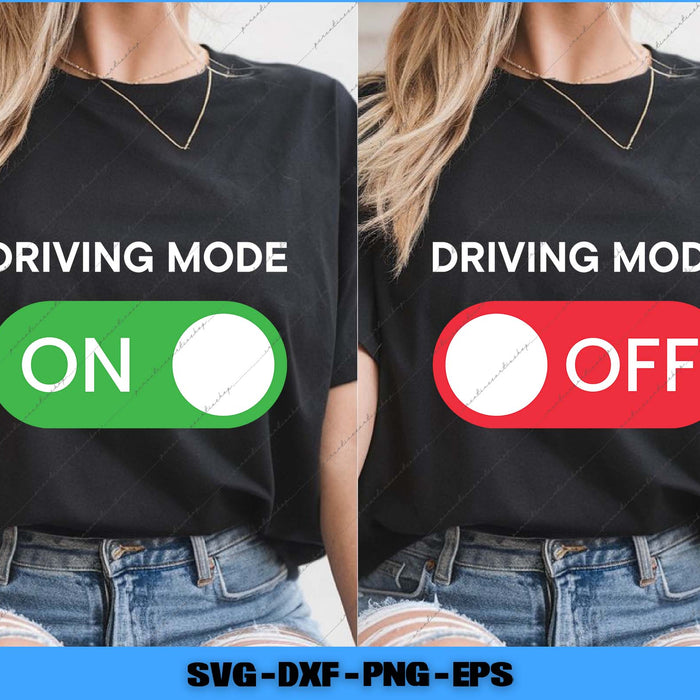 Black t-shirt with 'DRIVING MODE' text and toggle graphics on a white background