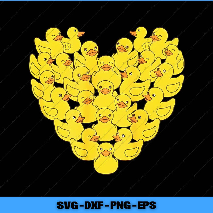 Heart-shaped arrangement of yellow rubber ducks on a black background