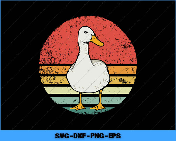 Illustration of a duck with a retro-style sun in the background, featuring SVG, DXF, PNG, and EPS file formats.