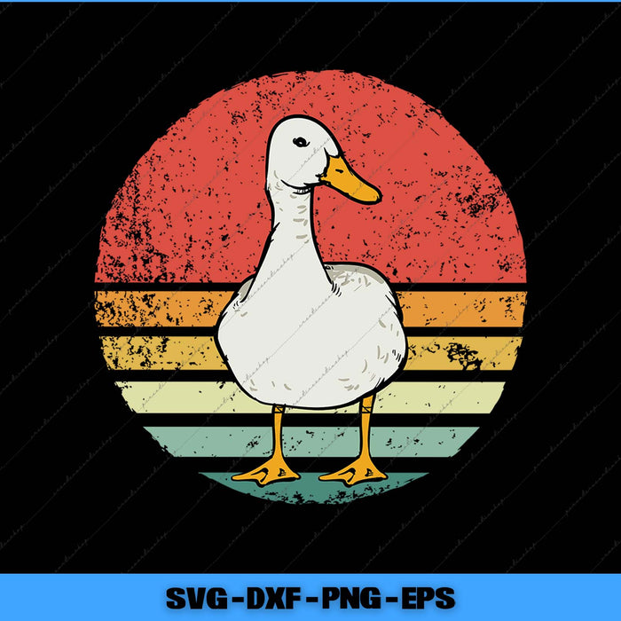Illustration of a duck with a retro-style sun in the background, featuring SVG, DXF, PNG, and EPS file formats.