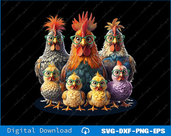 Colorful cartoon chickens and chicks with glasses on a black background