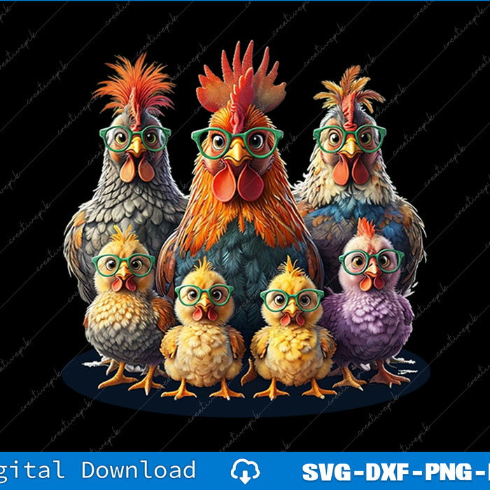 Colorful cartoon chickens and chicks with glasses on a black background