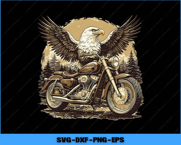 Eagle sitting on a motorcycle with a forest background, featuring SVG file formats.