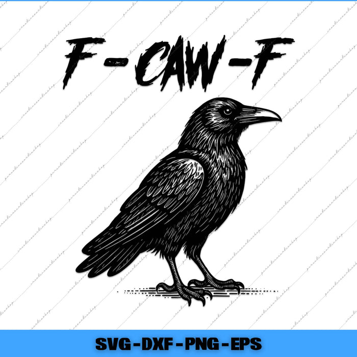 Black crow illustration with 'F-CAW-F' text on a white background