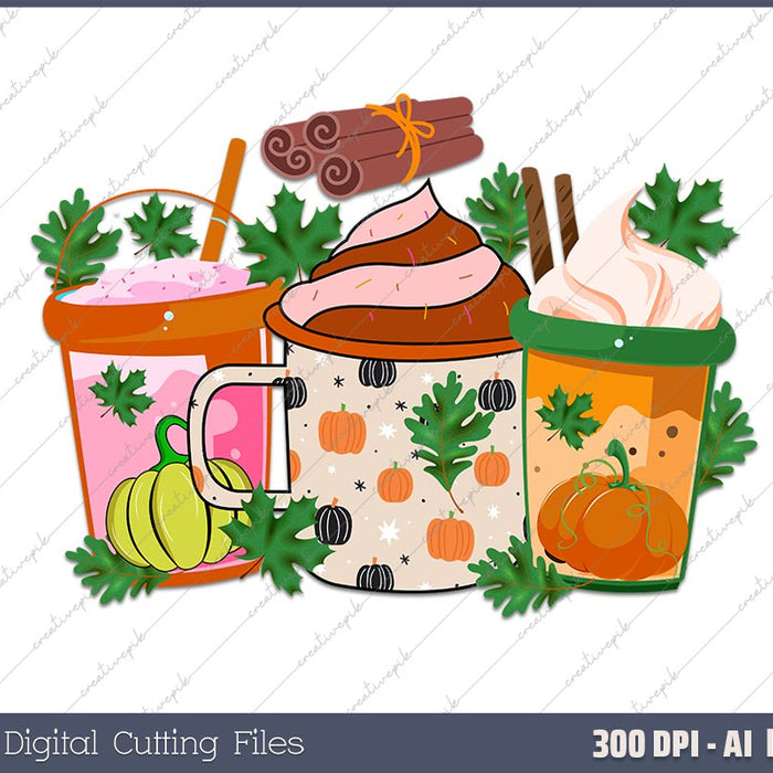 Fall Coffee Pumpkin Spice Latte Iced Warm Cozy AI PNG Sublimation File