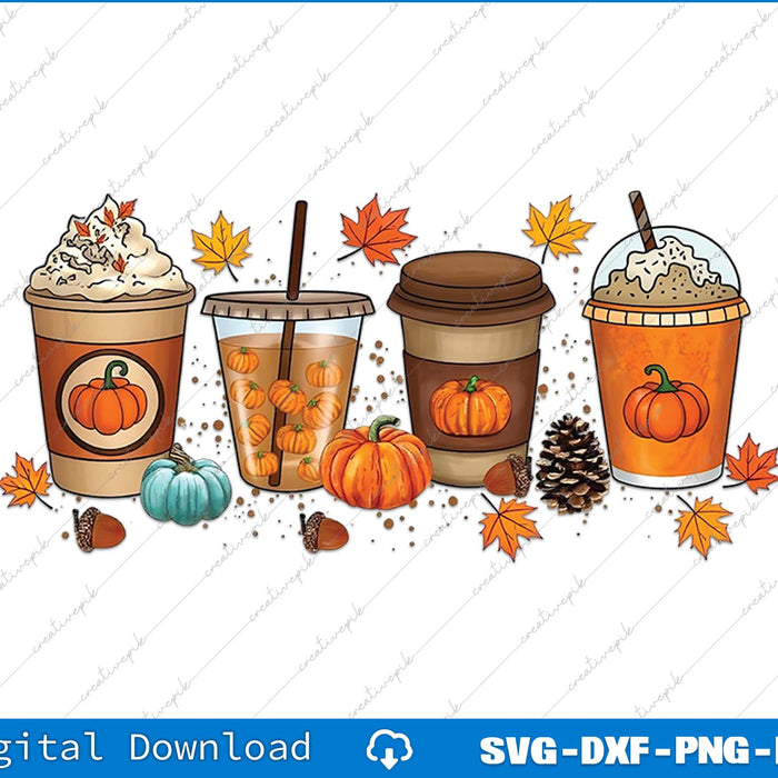 Illustration of pumpkin spice drinks with autumn elements on a white background