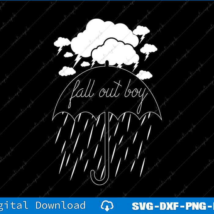 White umbrella with raindrops and cloud on a black background, featuring 'fall out boy' text.