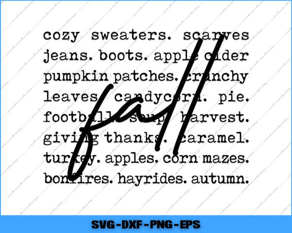 Text list of fall-related items on a white background with 'fall' in a cursive font.