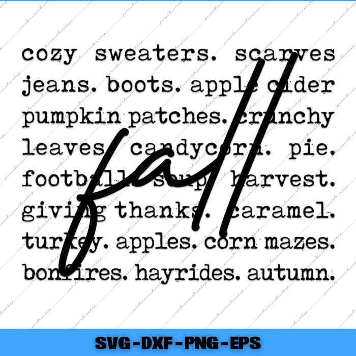 Text list of fall-related items on a white background with 'fall' in a cursive font.