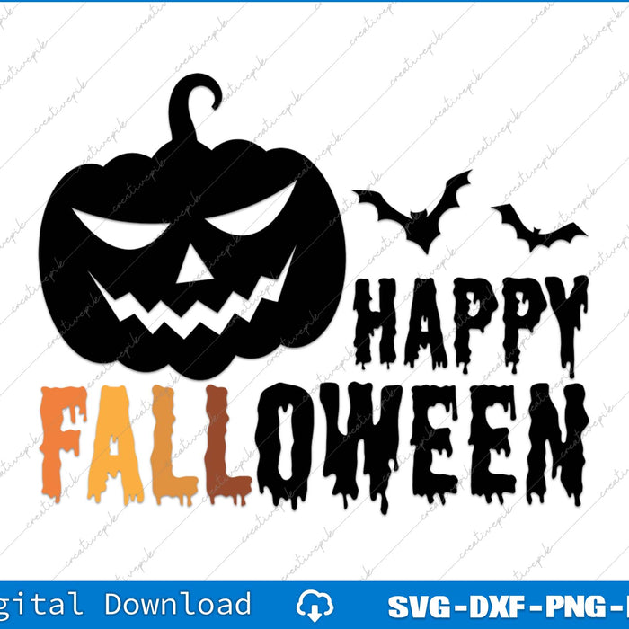 Halloween-themed design with a pumpkin, bats, and 'Happy Halloween' text on a white background.