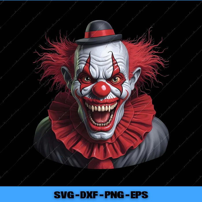 Illustration of a clown with red hair and a black top hat on a black background.