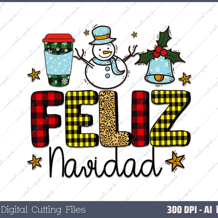 Feliz Navidad Colorful Xmas Tree Spanish AI PNG Sublimation File